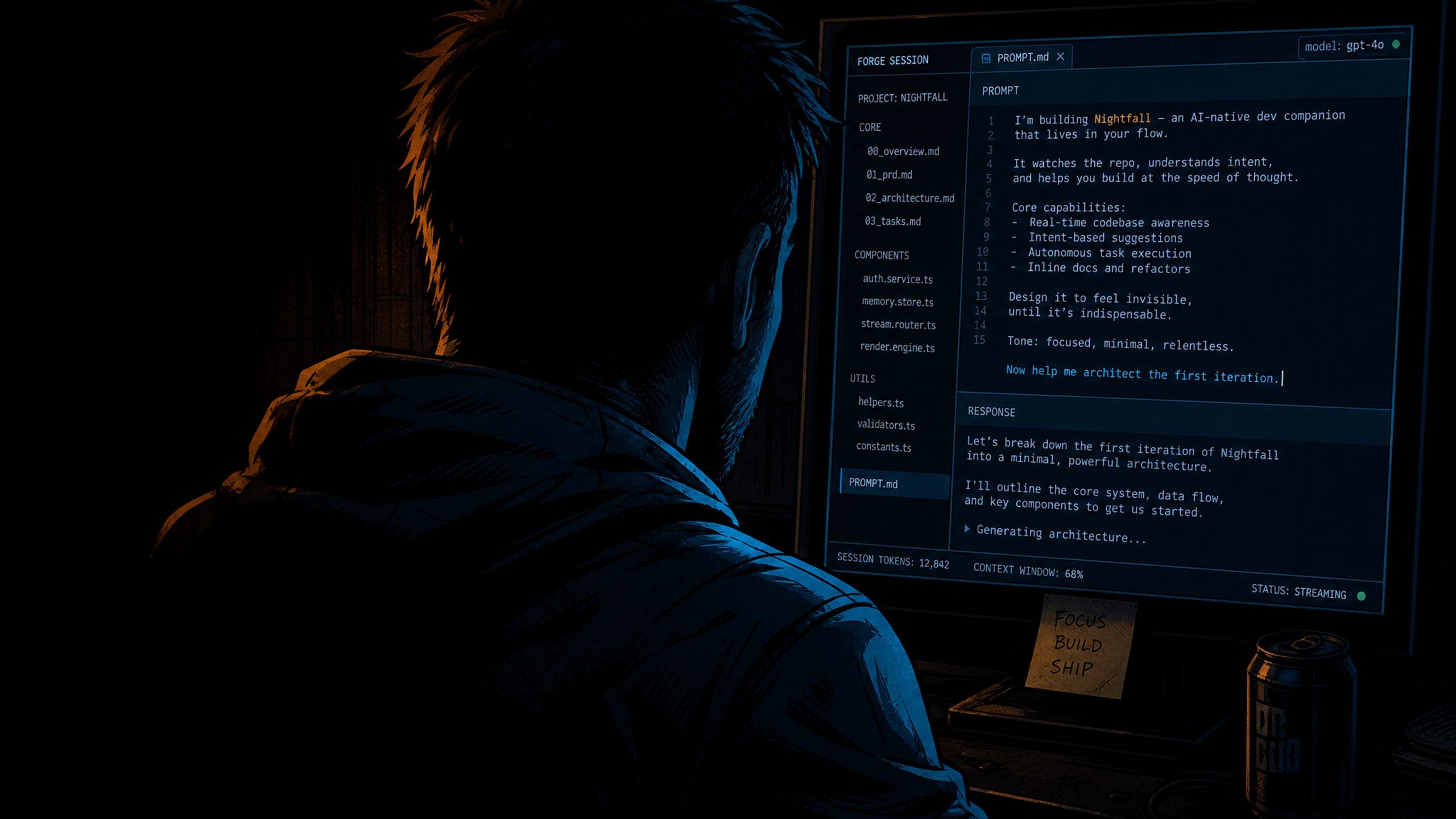 Prompt engineer working at a dark desk, screen glowing with code
